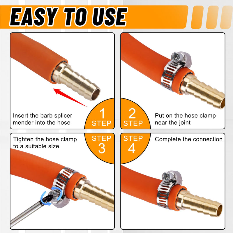 26PCS Brass Hose Barb Fitting,Barb Splicer Mender Hose Fittings 3/16" 1/4" 5/16" 3/8" 1/2" 5/8" with 52Pcs Stainless Steel Pipe Hose Clamps for Air/Fuel/Water/Oil Hose 26pcs barb splicer