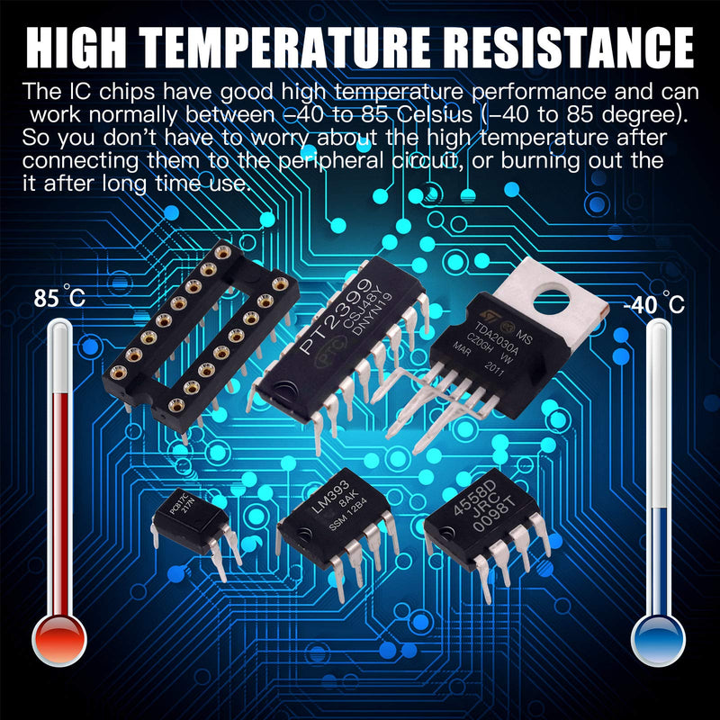 Glarks 169Pcs IC Chip Assortment opamp, oscillator, pwm, PC817, NE555, LM358, LM324, JRC4558, LM393, LM339, NE5532, LM386, TDA2030, TDA2822, PT2399, UC3842, UC3843, ULN2003, ULN2803