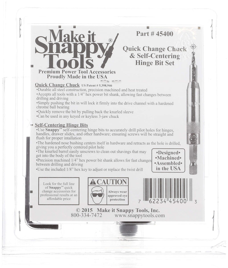 Make it Snappy Tools 45400 - 3-Piece Self Centering Hinge Bits and Quick Change Chuck Set, #2/#6/#8 Soft Wood Screws and #4/#10 Hard Wood Screws, 1/8" Hex Key, 1/4-Inch Hex Power Bit Shank