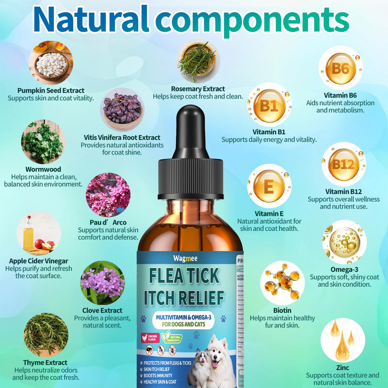 Flea and Tick Prevention for Dog and Cat, Natural Oral Flea & Tick Itch Relief Support Drops with Multivitamin for Pets - Supports Healthy Skin & Coat - Oral Supplement for All Breeds & Ages - Chicken