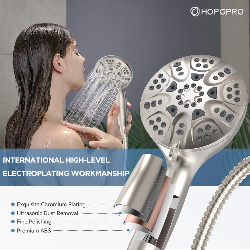 6-Mode High Pressure Handheld Shower Head Set, Consumer Reports Recommended HOPOPRO High Flow Hand Held Showerhead with 59 Inch Hose Bracket Teflon Tape Rubber Washers 6 Modes Brushed Nickel
