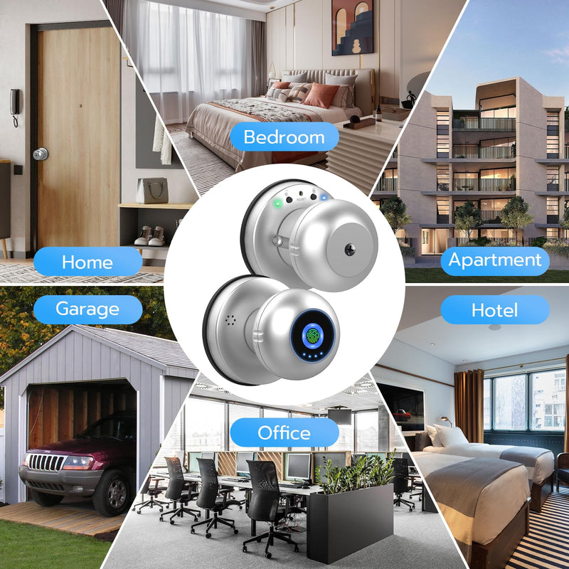 eLinkSmart Fingerprint Door Lock Smart Ball Door Knob with Key Keyless Entry Door Lock for Bedroom Apartment with Privacy Mode Bluetooth App iOS Watch Control Silver