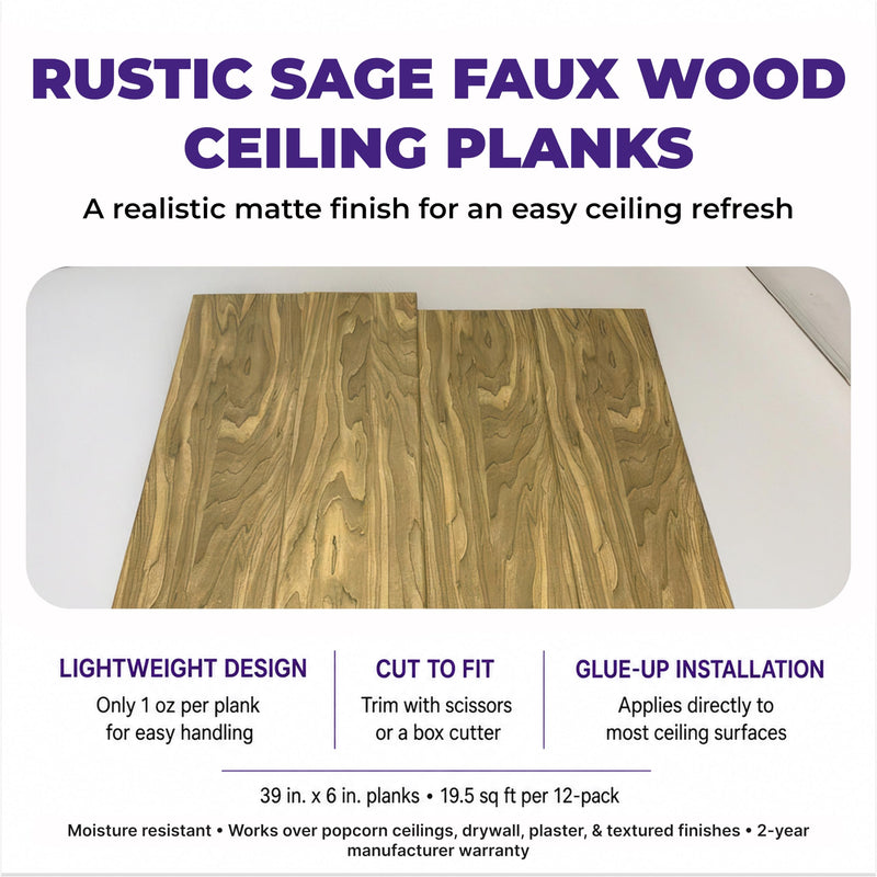À LA MAISON CEILINGS Faux Wood Ceiling Planks, Rustic Sage, 39x6in Pack of 48