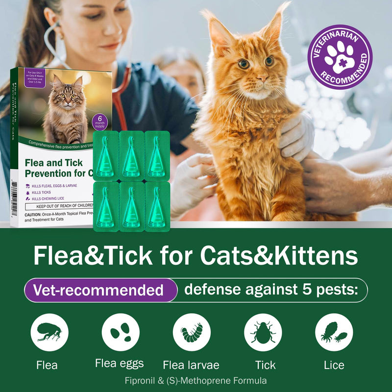 Cat Flea and Tick Prevention & Treatment - Flea and Tick Prevention for Cats, 6-Month Supply, Flea Control, Repellent, Suitable for Cats Over 1.5 lbs, Flea Supplements