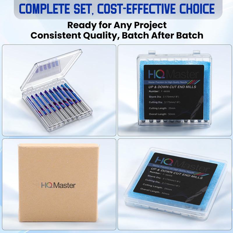 HQMaster 10pcs Down Cut O Flute CNC Router Bits, 1/8 Inch Shank Single Flute End Mill, Nano Blue Coated CNC Bit for Wood, MDF, PVC, Acrylic, Aluminum, Plasitc (1/8“ x 1/8" x 1" x 2") 1/8“ x 1/8" x 1" x 2"
