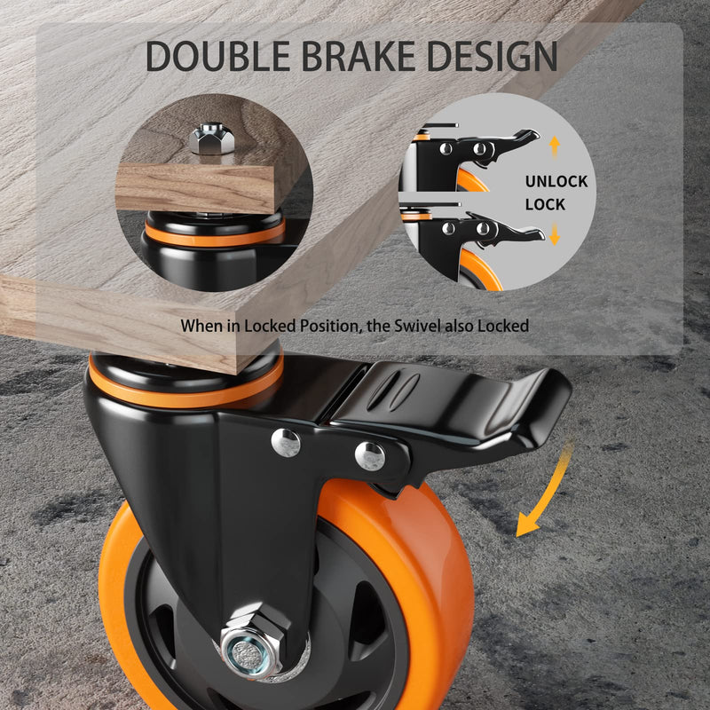 Stem Caster Wheels 4 Inch Heavy Duty Threaded Stem Casters UNC 3/8"-16 x 1 Swivel Casters Set of 4 with Safety Dual Locking Wheel for Furniture and Cart 3/8"-16x1"