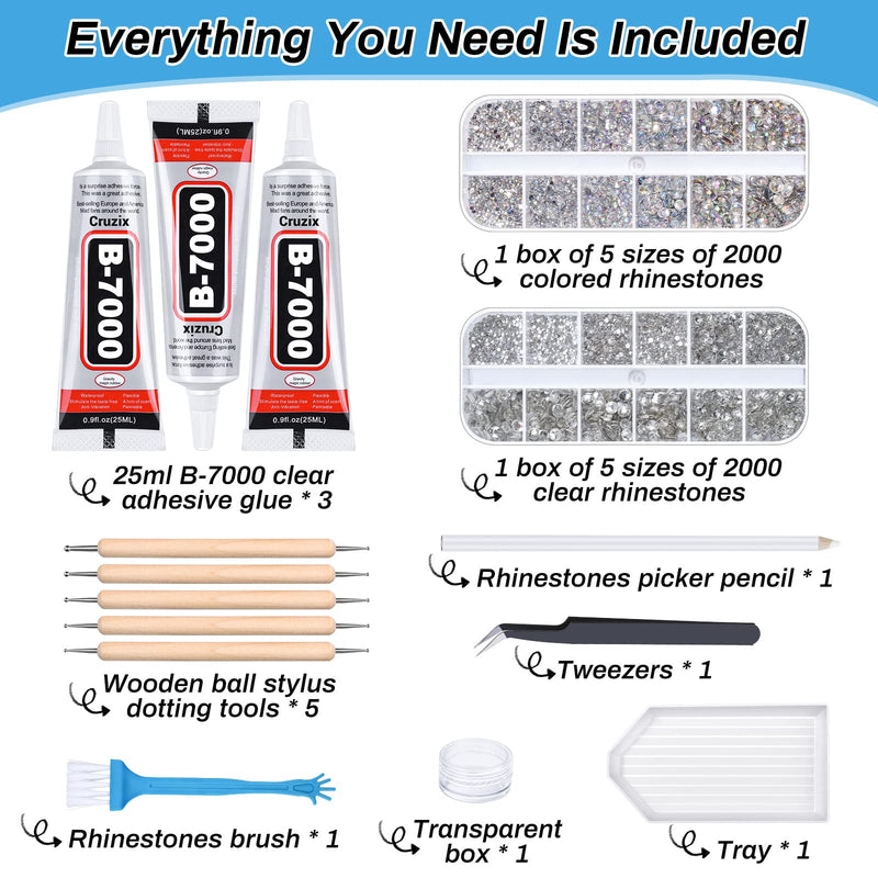 B7000 Clear Glue Bedazzler Kit with Rhinestones, 4013PCS Rhinestone Gems 3 PCS 25 ML B-7000 Adhesive Bead Glue Jewelry Kit for Tumblers Craft Clothes Fabric Nail Art DIY (Paradise Shine Crystal Clear) Paradise Shine & Crystal Clear