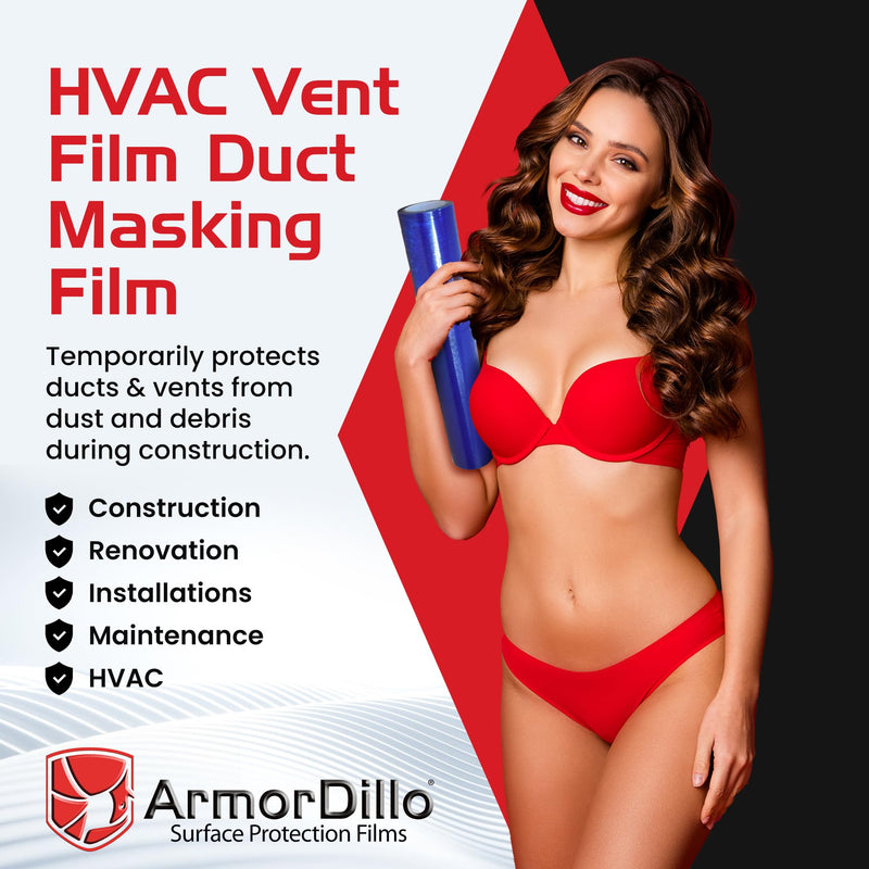 ArmorDillo Vent Film Duct Masking Tape - Temporary Register Sealing Tape for Air Ducts, Vents & HVAC - Blue Self-Adhesive Protection Film, High Tear & Puncture Resistance, UV Protection -8” x 185 8” x 185' Regular Tack Adhesive