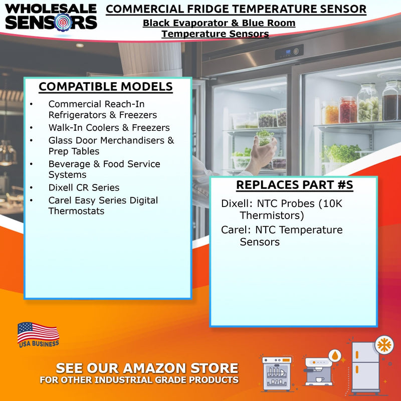 Replacement Temperature Probe Sensor Set for Commercial Refrigeration | 36-Month Warranty, Black Evaporator Sensor, Blue Room Sensor, Fits Commercial Refrigerators & Freezers