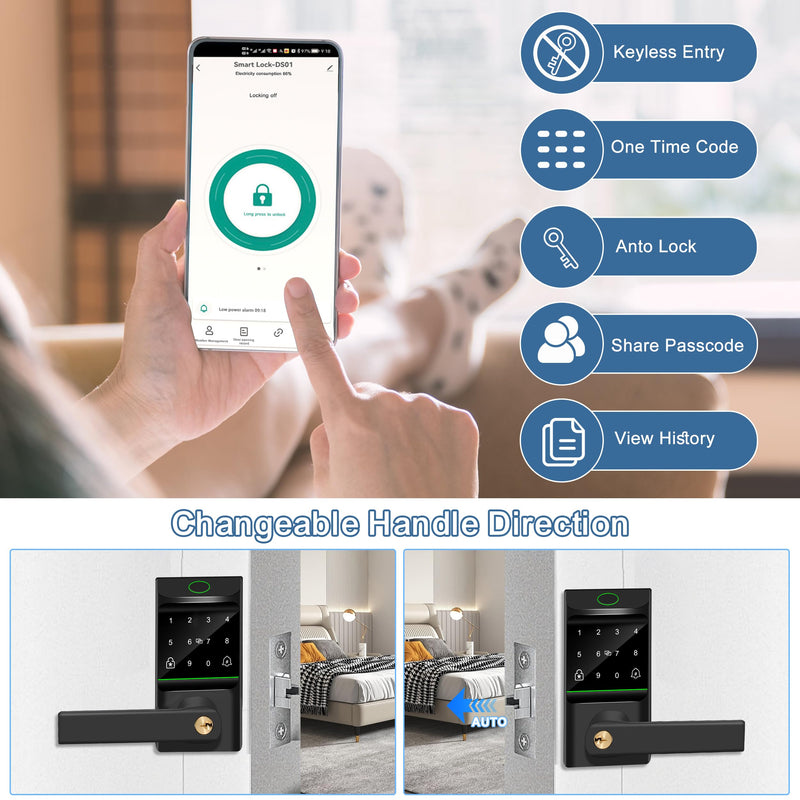 Keyless Entry Auto Door Lock, Smart Deadbolt Lock with Door Knob, Biometric Fingerprint, Passcode, Electronic Keypad, APP Control for Garden, Bedroom, Warehouse Exterior, Interior Door