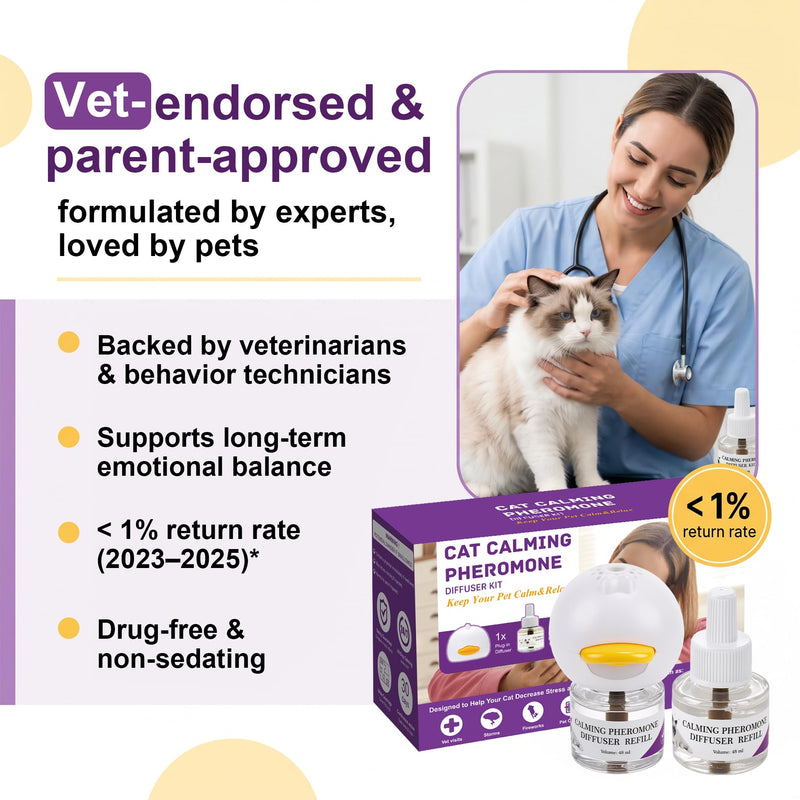 120-Days Cat Calming Pheromone Diffuser Kit - 2 Diffusers & 4 Refills, Long-Lasting Stress & Anxiety Relief, Fighting, Aggression, Meowing & Scratching | 2-Pack Cat Calming Diffuser Kit transparent
