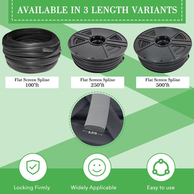 Flat Screen Spline 0.290 Width X 100ft, Black in Color