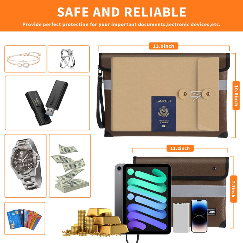 Fireproof Document Bag with Water Resistant Zipper(13.9"x10.6"),5200°F Heat Insulated Fire Proof Pouch with Soft Leather Hand Strap,Fire and Waterproof Envelope for Cash,Documents,Jewelry(Coffee)