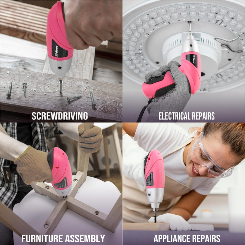 Hi-Spec 3.6V Cordless Electric Screwdriver and Tool Kit for DIY, Pink Light Pink