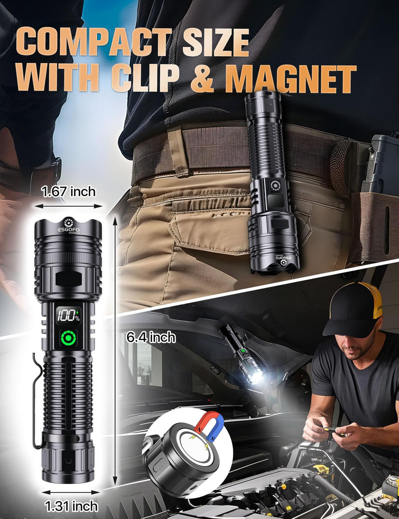 Esgofo Rechargeable Flashlights High Lumens 10000 2 Modes High/Low, Super Bright Magnetic LED Flashlight Long Distance 3280FT, Powerful Long Lasting Strong Flash Light USB C with Clip for Hiking 30.0 Watt Hours