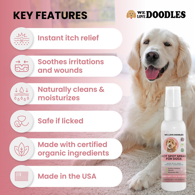 We Love Doodles USDA Organic Dog Hot Spot Spray, Itch Relief for Dogs Licking Paws, Made in USA, Anti-Itch Allergies, Dermatitis & Skin Irritation Treatment, Veterinarian Approved, 118mL - PawsPlanet Australia