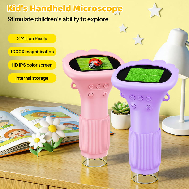 Kids Magnifying Glass, 2.0 Inch Digital Screen Mini Pocket Microscope for Bug - 200x Zoom Handheld Microscope with Adjustable Lights, Edu Birthday Gifts for Age 3-12 Girls Pink