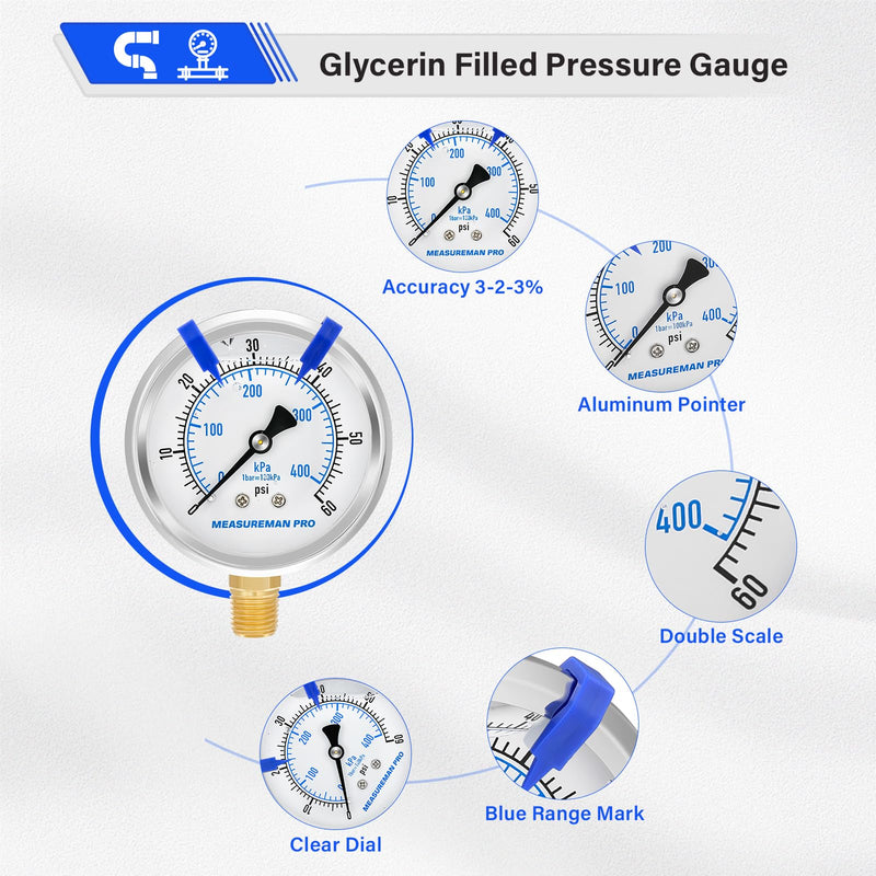 MEASUREMAN PRO 2.5'' Glycerin Filled Pressure Gauge, 0-60psi/kpa, 304 Stainless Steel Case, 1/4" NPT Lower Mount,for Pool Sand Filter, Water Pump, Propane, Coolant, CO2, Gas Test 2.5'' (Lower Mount) 0-60 psi