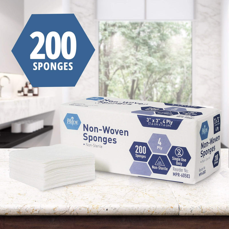 MED PRIDE 3'' x 3'' Surgical Sponges 200 Pack - Gauze Pads Non sterile - First Aid Wound Care Dressing Sponge – Νοn-Woven Medical, Non-Adherent Mesh Bandages – Absorbent for Injuries – 4 Ply