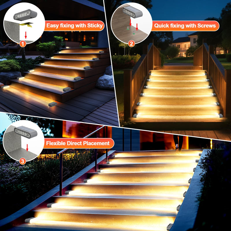 Solar Step Lights for Outside, 8-Pack Stair Light Outdoor Waterproof IP67, 14 LED Warm White Light Solar Powered Lighting for Steps, Stairs, Deck, Patio, Walkway, Front Porch Decor Warm Light