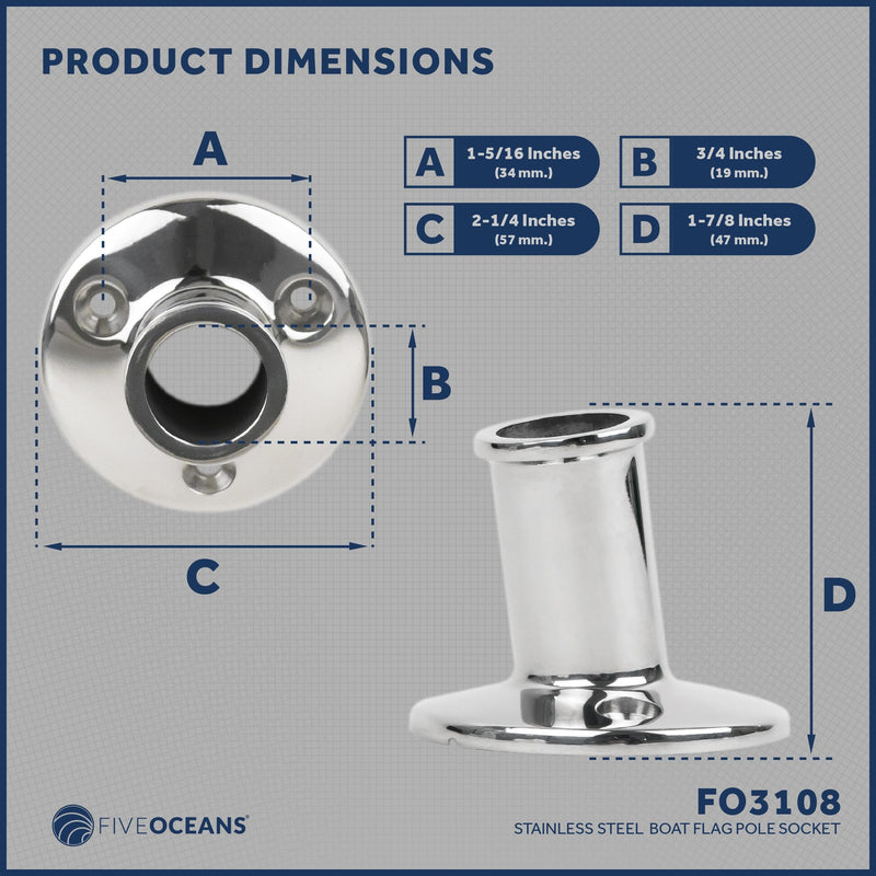 Five Oceans Top-Mount Boat Flag Pole Socket, Flag Pole Holder, Fits 3/4 Inch Diameter Poles - Tilts 15-Degree Angle, Marine Heavy Duty Polished AISI316 Stainless Steel - FO3108