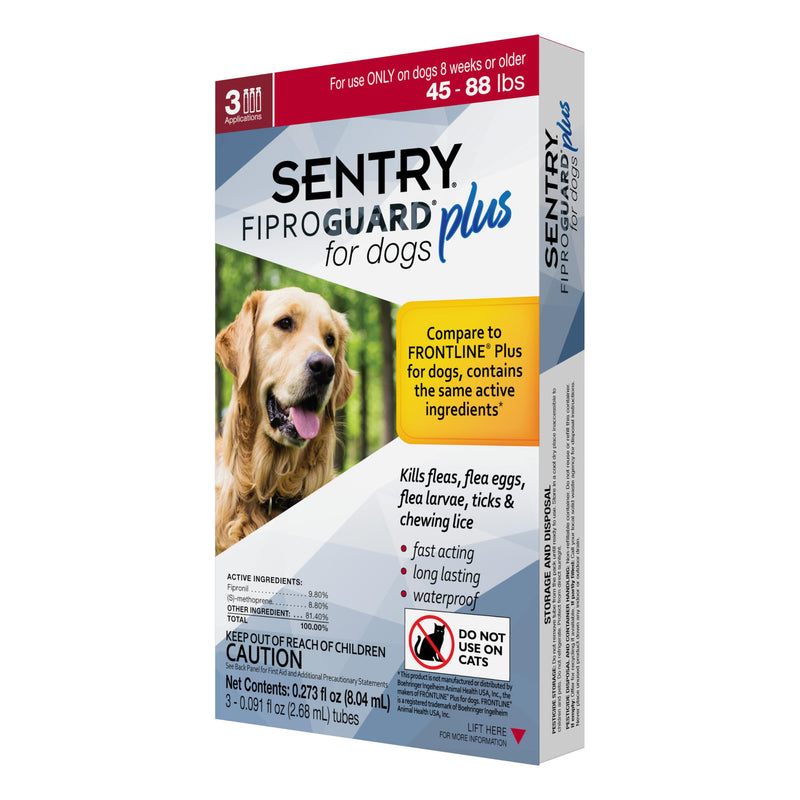 Sentry Fiproguard Plus for Dogs, Flea and Tick Prevention for Dogs (45-88 Pounds), Includes 3 Month Supply of Topical Flea Treatments