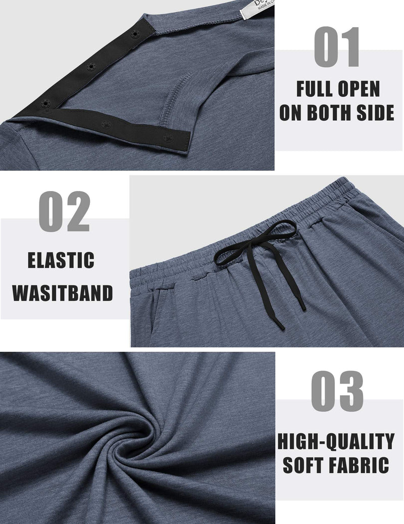 Deyeek 2pcs Set Shoulder Surgery Shirts for Men Full Open Side Snap Hospital Gowns Adaptive Post Shoulder Shirts w/Shorts Navy Blue 3X-Large