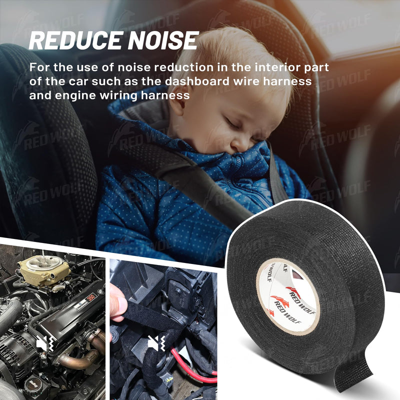 RED WOLF Wire Harness Tape 1 Inch 50 FT High Temp Wiring Loom Harness Self-Adhesive Felt Cloth Electrical Tape for Automotive Engine Electrical No Residue Fabric Insulated Black 5 Rolls