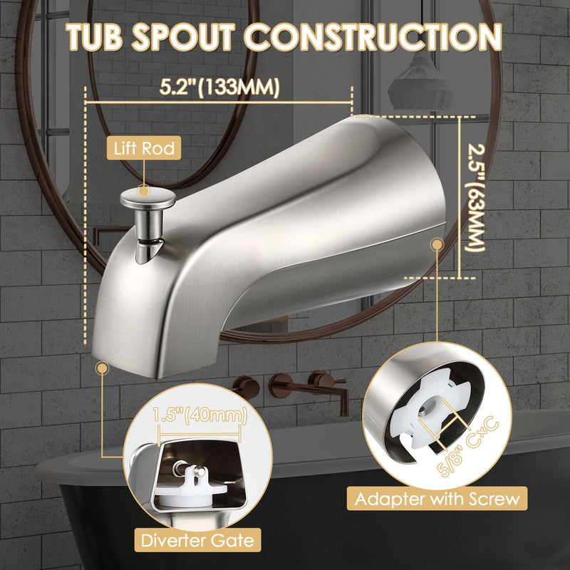 1 Pack Slip on Tub Spout with Diverter, Compatible with American Standard 8888026.002 Tub Spout, Bathroom Bathtub Faucet, Fits 1/2" Copper Water Tube(5/8" Diameter), 5/32" Hex Wrench (Brushed Nickel) Brushed Nickel
