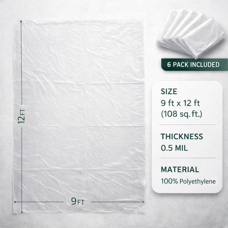 GREEN LIFESTYLE Plastic Drop Cloths for Painting 12 x 9 ft [6 Pack] – Waterproof Paint Drop Cloth, Plastic Sheets Floor Cover, Disposable Tarp for Furniture Protection, Remodeling and Moving 9x12 6