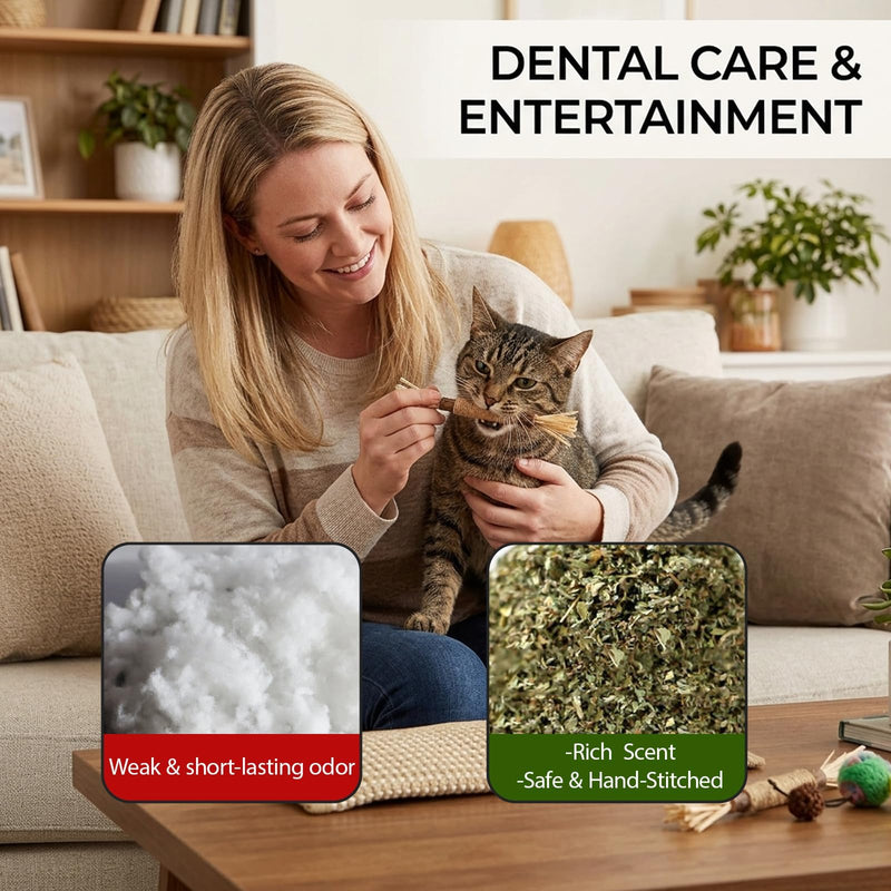 6-Piece 10inch Mint Cat Pillow Set for Indoor Cats, Silvervine Sticks for Cats, Catnip Sticks for Dental Health and Stress Relief,Cotton Linen Material for Chewing and Play