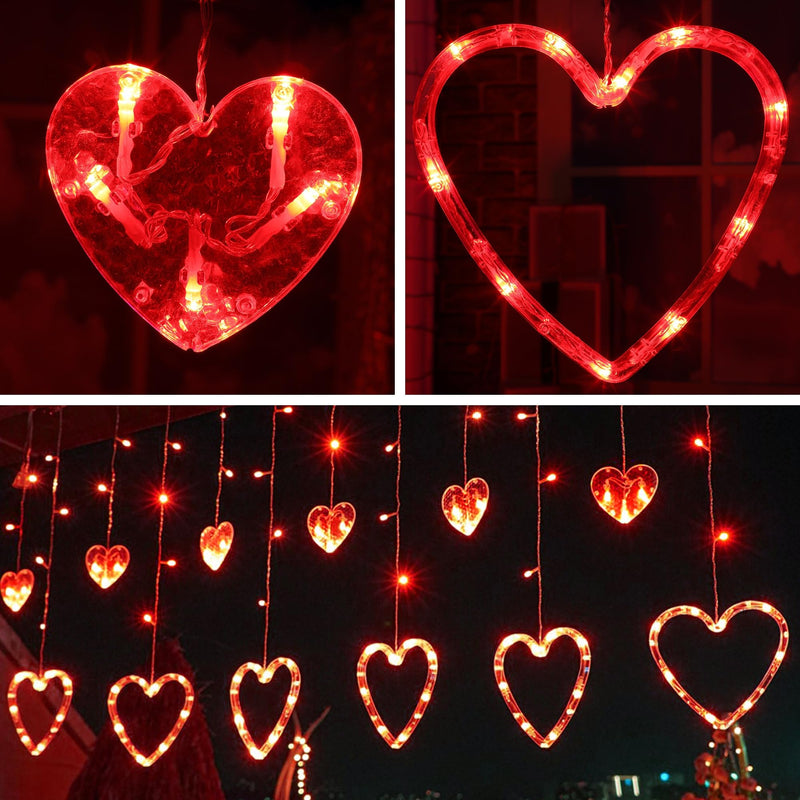 Valentine's Day Red Curtain Lights with 12 Hearts，138 LED Heart-shaped String Lights 8 Lighting Modes，Plug in Waterproof Valentines Day Lights for Indoor Outdoor Party Wedding Valentine's Day Decor