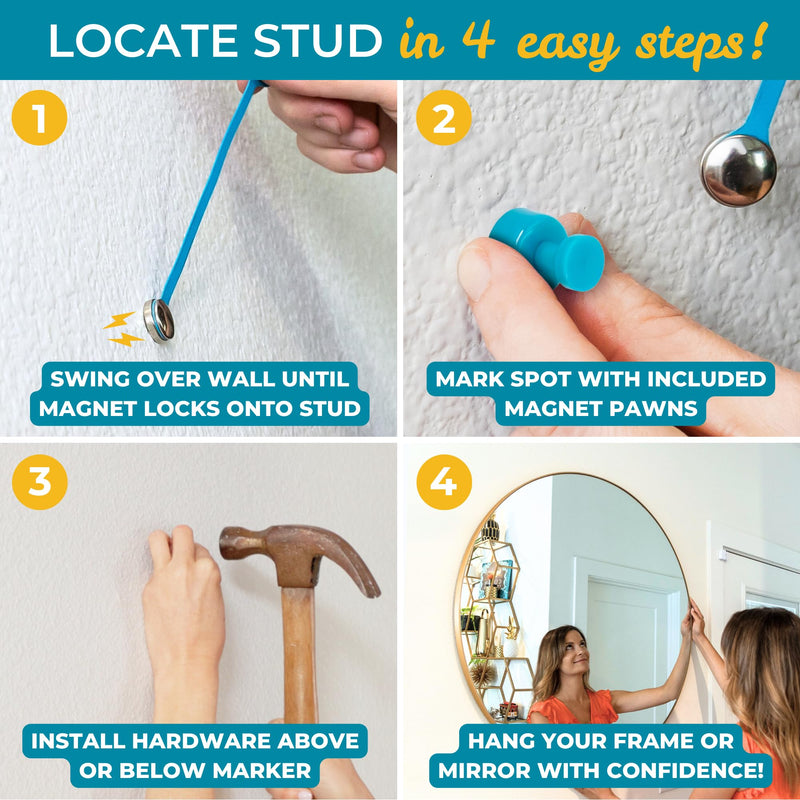 Go Hang It! Magnetic Stud Finder Buddy - Pendulum Stud Magnet with 4 Marking Pawns for Drywall, No Batteries, Finds Studs Fast for TV Mount, Shelves, Gallery Walls