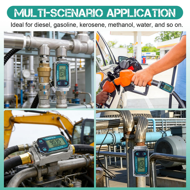 1Pack 1 in Digital Turbine Fuel Flow Meter with 3/4 in Adapters, High Accuracy Diesel Flow Meter with NPT Counter, Digital LCD with 5 Units, Auto Shut Off, for Gasoline/Kerosene/Water 1 inch & 3/4 inch Green