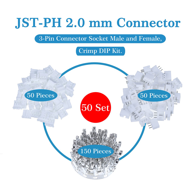 JST PH 2.0 mm Pitch 3-Pin Electronic Computer Connector IC Male Plugs, Female Sockets Housing and T-Shaped Crimp Terminal Kit. 50 Sets/250 Pieces Wire-to-Board Adapter Cable Assembly.