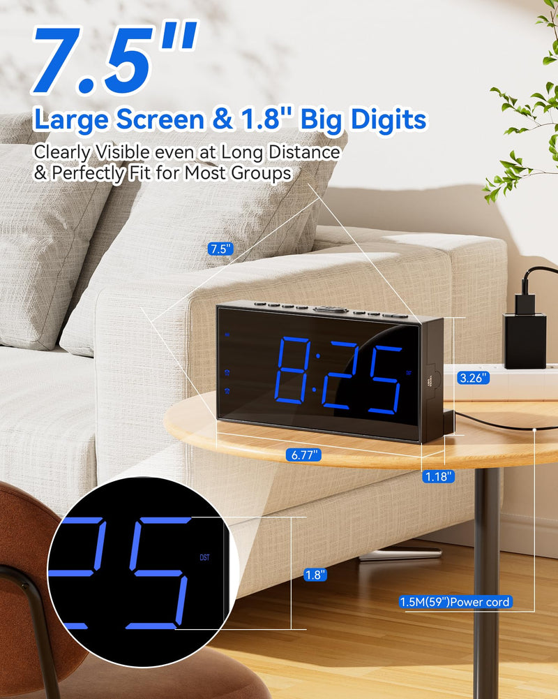 Simple Digital Alarm Clock for Bedroom - Easy to Use with Large 7.5" Display, Dual Alarms, Dimmable, USB Charger & Battery Backup, 12/24H & DST - Plug-in Electric Clock for Heavy Sleepers, Kid, Senior Blue Digits