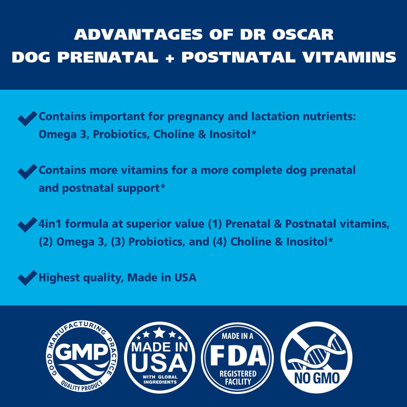 Dog Prenatal Vitamins. The Only 2in1 Prenatal & Postnatal Vitamins for Dogs with Folic Acid, Omega 3, Probiotics, Choline & Inositol, Key for Mother & Puppies, 90 Tablets - PawsPlanet Australia