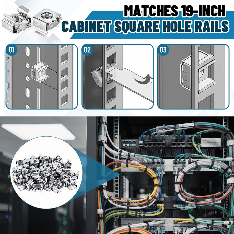 10-32 Galvanized Cage Nuts 200 Pack, Zinc Plated Floating Design for 19 Inch Server Rack Cabinet Square Hole Rails Mounting Fasteners