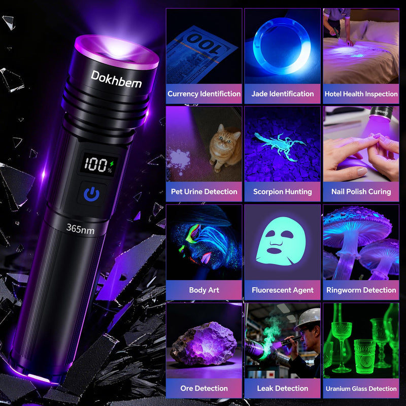 365nm UV Flashlight Rechargeable, Black Light Flashlight with LCD Display, Powerful Ultraviolet Lights for Pet Urine Detection, Resin Curing, Rockhounding, Scorpion, Uranium Glass, A/C Leak