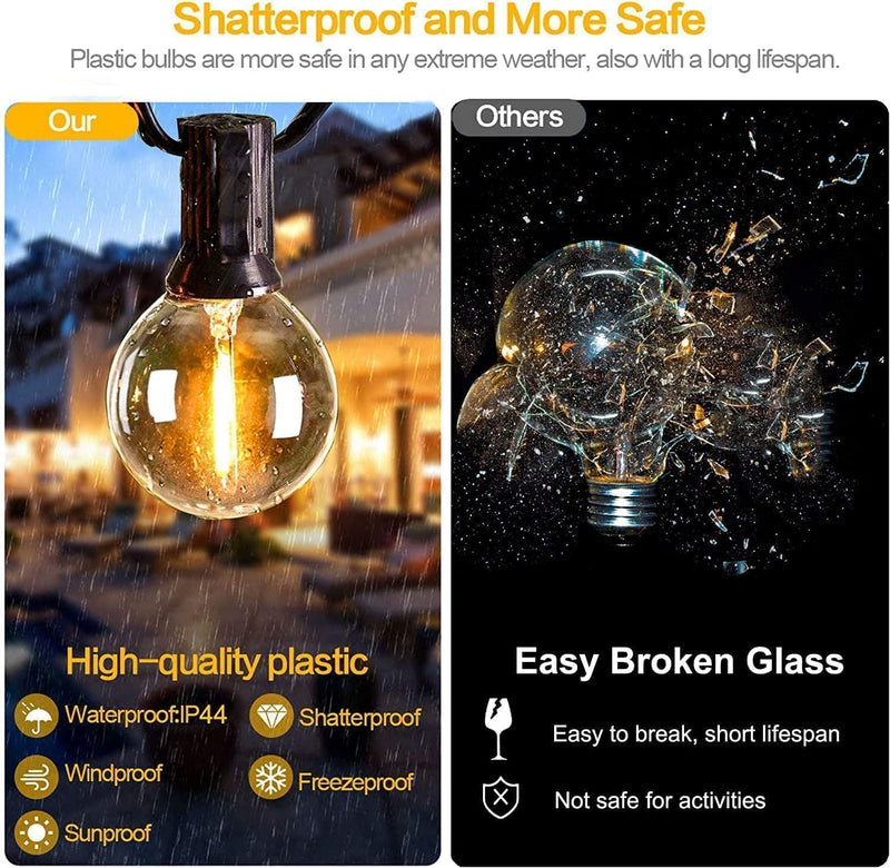 Outdoor String Lights 25ft, G40 Led Patio Lights with 13pcs Plastics Bulbs, Shatterproof Waterproof Connectable Hanging Globe Lights for Porch Cafe Bistro Backyard Gazebo Balcony Party