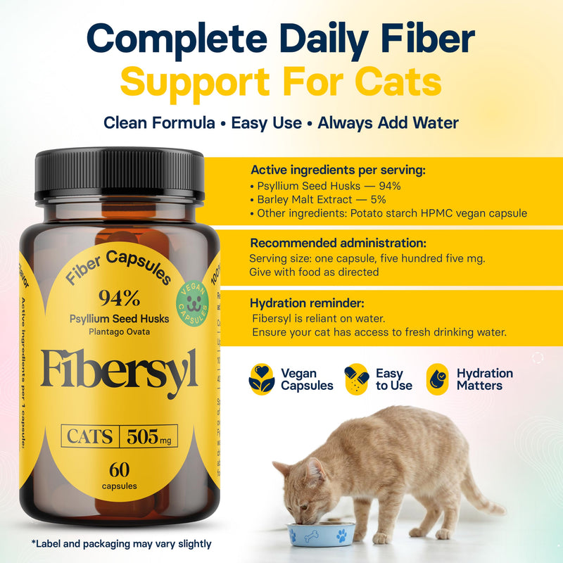 FiberSyl Prebiotics for Cats Digestive Health - Cat Fiber Supplements for Constipation Relief & Support - Psyllium Husk Seed to Support Digestion Problems - Cat Stool Hardener - 60 Capsules