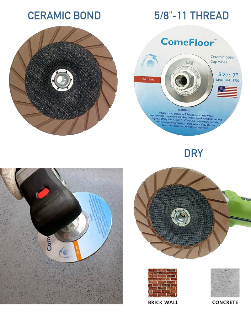 Concrete Grinding Cup Wheel 7" Ceramic Diamond Cup Wheel for Floor Grinding, Fits 5/8"-11 Arbor Angle Grinder,100# Medium 100#
