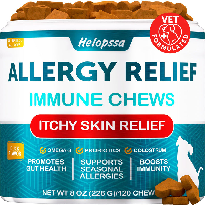 Dog Allergy Chews - Dog Allergy Relief Supplement w/Colostrum, Probiotics - Paw Licking, Itching, Seasonal Changes, Coat - Yeast‑Free for Sensitive Pups - Higher Salmon Oil Levels- 120 Soft Treats 8 oz