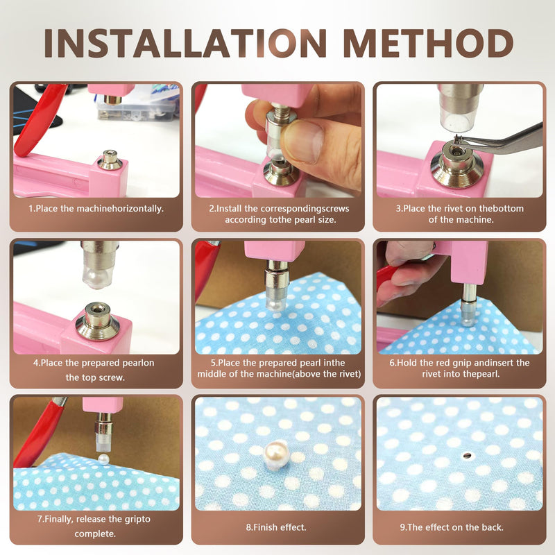 Pearl Setting Machine Hand Press Tools 2 Boxes White No Holes Pearl Beads with Rivet Studs Screw Heads L Hexagon Wrench for Decorating Clothes Hat Trousers Dresses Bag Hair Band DIY Crafts (Pink) Pink
