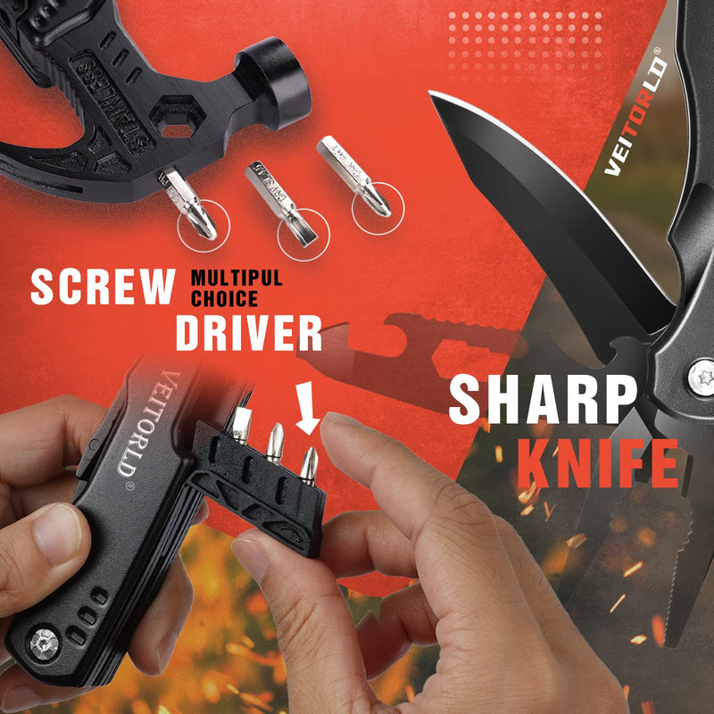 VEITORLD Gifts for Men Him Husband Valentine's Day, Cool Survival Tools Hammer Multitool, Unique Gifts for Husband from Wife, Anniversary Birthday Gift for Husband Wife Boyfriend, Camping Accessories Best Tool Gift (Black)