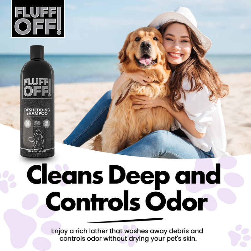 Soap Dispensing Pet Wash Sprayer Nozzle and FLUFF OFF! by Girl With The Dogs, Natural Deshedding Dog & Cat Shampoo 16 oz