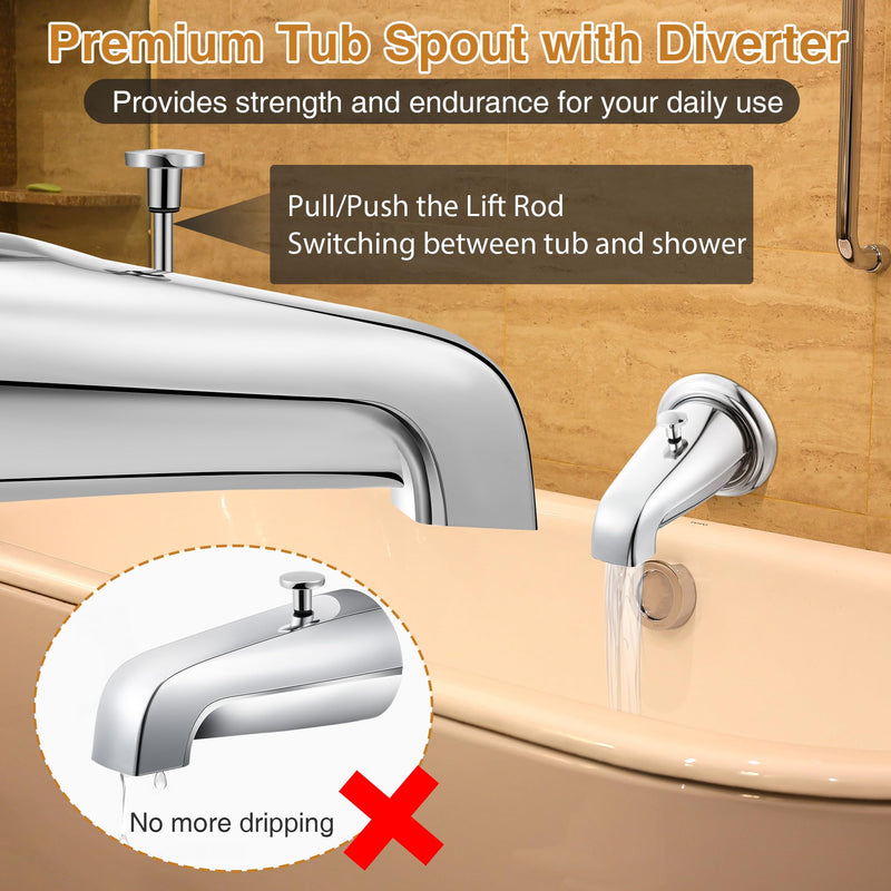 Enhon Tub Spout with Rear Diverter, Bathtub Spout Fitting 1/2-Inch or 3/4-Inch IPS, 5-1/4 Inch Length Bathroom Bathtub Faucet with Adapter, Chrome Finish Without Handheld Shower Fitting