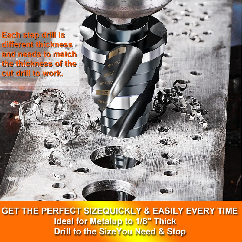 Four Spiral Flute Step Drill Bit for Metal,M35 Cobalt Unibit Step Drill Bit Set 1/4"-1" (30 pcs),Wear-Resistant AlTiN Coated,1/4" Hex Shank for Metal, Stainless Steel, Aluminum, Plastic