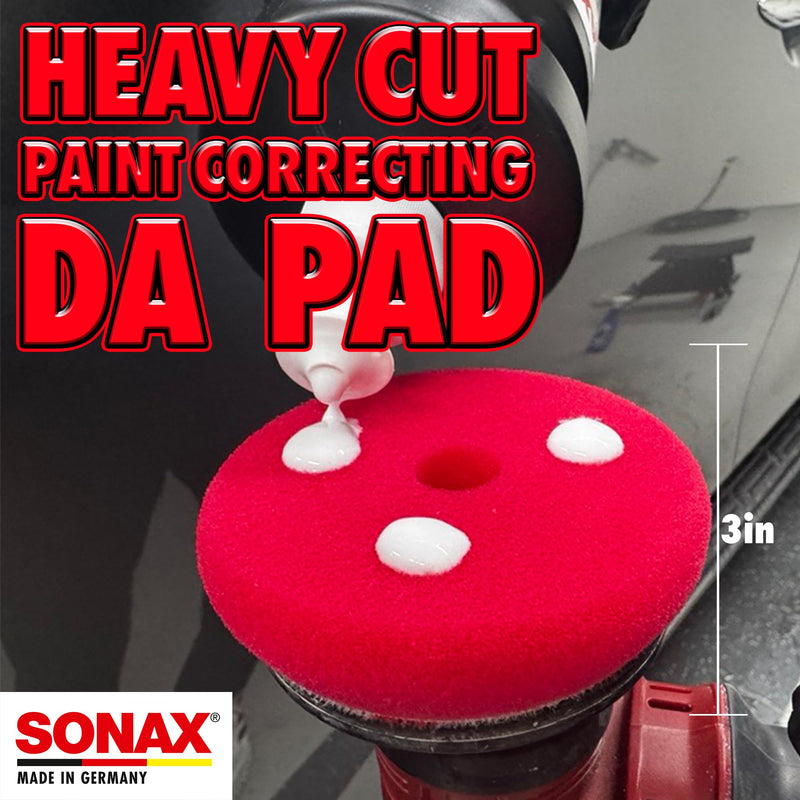 SONAX Red Hard Cutting/Polishing Pad 493100 | Heavy-Duty Foam Pad for Swirl & Scratch Removal | Ideal for Aggressive Paint Correction | for Dual Action & Rotary Polishers | 494200 | 4 Pack, 3-Inch