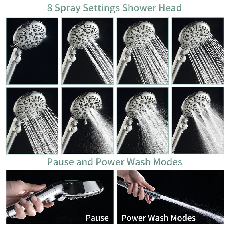 Handheld Shower Heads with ON OFF Switch,Extra Long 79-inch Hose 8 Spray Settings High Pressure Detachable Showerhead,Built-in Power Sprayer to Clean Pets, Adjustable Angle Bracket,Silver